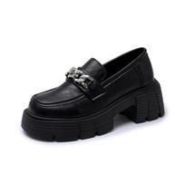 Metal Chain Loafers Autumn New Round Toe Deep Mouth Platform Sole Non-slip Wear-resistant Single Shoes 35