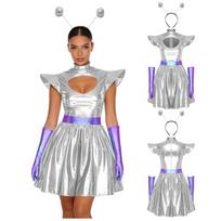 Complete Women‘s Cosplay Dress Set S-3XL: Alien Astronaut Metallic Gown with Gloves & Hair Loop for Halloween & Theme Parties S mėlyna