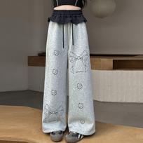 Girls' Cute Lace Sweatpants - Spring/Autumn Velvet Wide-Leg Trousers 150 cm
