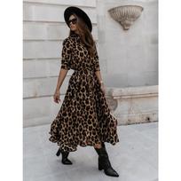 Moterų su leopardų raštu suknelė Pavasarinė ilgomis rankovėmis Atverčiama apykaklė Raišiojama Sagomis Laisva Kasdienė Seksuali Suknelė Moterims Vasarinė Elegantiška A formos Biuro Ponios Ilgos Suknelės S black