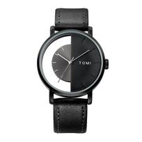 TOMI Unisex Stylish Quartz Watch with Transparent Design and Leather Strap
