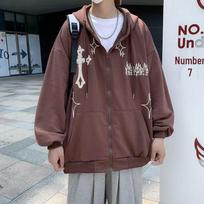 Men's Hooded Zip-Up Cardigan Sweatshirt with Cross & Flame Embroidery, Fleece-Lined, Trendy Loose Fit for Couples, Perfect for Spring and Autumn. XL juoda