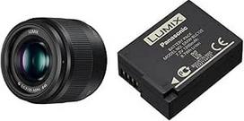 "Panasonic Lumix" 25 mm F1.7 | H-H025E-K pagrindinis objektyvas, juodas ir LUMIX DMW-BLC12E ličio jonų akumuliatorius 7,2 V, 1200 mAh (tinka GH2, G5, FZ200, GX8, G70, FZ1000, FZ300, FZ200)