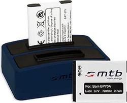 2 baterijos + dvigubas įkroviklis (USB), skirtas "Samsung EA-BP70A / PL20, PL21, PL80, PL81, PL90, PL91, PL100... / ES70... / WB30... / TL205... - Žiūrėti sąrašą! (Komplekte yra mikro USB laidas)