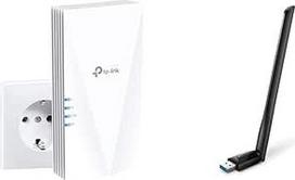 TP-Link RE500X WiFi 6 WLAN kartotuvo stiprintuvas AX1500 (dviejų juostų 1200MBit/s 5GHz ir "Archer T3U Plus AC1300" didelio stiprumo USB WLAN adapteris su antenomis)