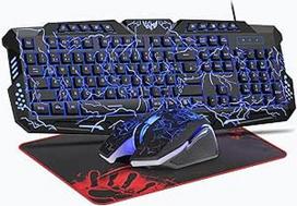 Žaidimų klaviatūros ir pelės rinkinys, QWERTZ DE 114 klavišų išdėstymas, laidinė klaviatūra su LED apšvietimu, ergonomiška 4 spalvų žaidimų pelė, didelis pelės kilimėlis, USB, skirta kompiuteriui PS5 Xbox