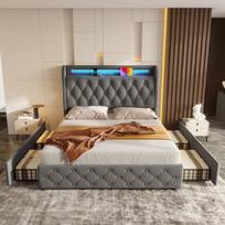 Lova 140 x 190 cm , su LED apšvietimu ir USB jungtimi, turi 4 stalčius, pilka,aksominiu