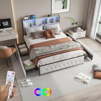 180x200 cm lova su stalčiais – su LED ir USB jungtimis – naktinis staliukas – aksominė – smėlio spalvos