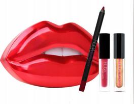 Huda Beauty lūpų kontūravimo ir švytėjimo rinkinys – matinis skystas lūpų dažas, lūpų pieštukas ir Lip Strobe mini duetas