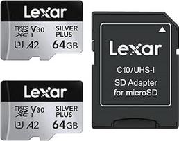 "Lexar Silver Plus" "Micro SD" kortelė, 64GB, 2 vnt., iki 205MB/s skaitymo greitis, 100MB/s įrašymo greitis, "Micro SD" atminties kortelė su adapteriu, UHS-I, A2, U3, V30, 10 klasė, 4K UHD microSDXC