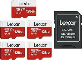 "Lexar" Micro SD kortelė 128GB, 5 atminties kortelių pakuotė Micro SD su adapteriu, iki 100MB/s skaitymo greitis, UHS-I, U3, A1, V30, C10, 4K UHD microSDXC SD kortelė fotoaparatui, išmaniajam telefonui
