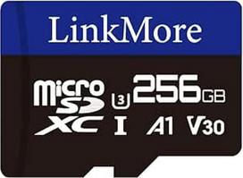 "LinkMore" 256GB "Micro SDXC" kortelė, A1, UHS-I, U3, V30, suderinama su 10 klase, skaitymo greitis iki 95MB/s, įrašymo greitis iki 65MB/s, pridedamas SD adapteris