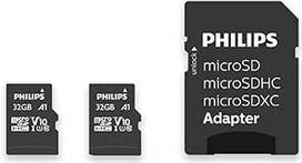 "Philips Ultra Speed Micro SDHC" kortelė 2 x 32GB + SD adapteris UHS-I U1, skaitymo greitis iki 80MB/s, A1 greitas programų veikimas, V10, atminties kortelė išmaniesiems telefonams, planšetiniams kompiuteriams, kompiuteriams, kortelių skaitytuvui, "Full
