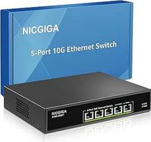 5 prievadų 10Gb Ethernet komutatorius, nevaldomas, su 5X 10Gb Base-T RJ45 prievadais, NICGIGA 10Gb/s tinklo komutatorius, skirtas 10Gbe NAS, kompiuteriui, WiFi7 maršrutizatoriui, 10G adapteriui/komutatoriui. Montuojamas ant stalviršio arba 19 colių stovo,