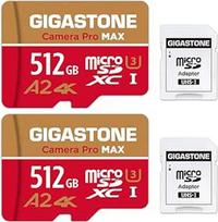 GIGASTONE 512GB MicroSDXC atminties kortelė, 2 vnt. + SD adapteris, "Camera Pro Max", iki 170/140MB/s, suderinama su "GoPro Drone Switch", A2 U3 V30 UHS-I Micro SD kortele