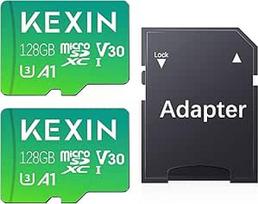 KEXIN 128GB Micro SD kortelė, 2 vnt., MicroSDXC C10 U3 V30 A1, iki 90MB/s skaitymo greitis 4K UHD, su SD adapteriu, skirta veiksmo kamerai "GoPro" dronui, planšetiniam kompiuteriui
