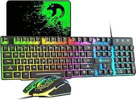 Laidinės žaidimų klaviatūros ir pelės rinkinys 12 RGB apšvietimo režimas 104 klavišai Visiškas anti-ghosting apšvietimas Klaviatūra 2400 DPI 6 mygtukai USB optinė žaidimų pelė Pelės kilimėlis suderinamas juodas