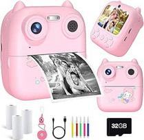 ydi Momentinis fotoaparatas, vaikiškas fotoaparatas, skaitmeninis fotoaparatas su dviguba HD1080P kamera, asmenukių kamera, 3 rulonai spausdinimo popieriaus, 5 spalvoti rašikliai, 32GB kortelė, dovanos 3-12 metų vaikams, rožinės spalvos