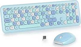 Belaidė klaviatūra ir pelė, retro spalvinga klaviatūra su tyliąja pele, amerikietiška QWERTY, miela belaidė rašomosios mašinėlės klaviatūra, viso dydžio, USB 2,4 GHz, skirta kompiuteriui 666 mėlyna
