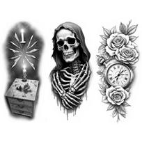 3 vnt. laikinos tatuiruotės Realistiškos laikinos tatuiruotės Su gobtuvu Skeletas Vilkas Kaukolė Ir Mėnulis Rankoms Šlaunims Vyrams