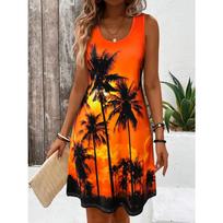Moteriška paplūdimio suknelė su tropiniu raštu, apvalia iškirpte, be rankovių. Puikiai tinka pavasario ir vasaros atostogoms. Y2k moteriški drabužiai, marškinėliai 2XS black