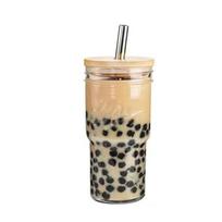730 ml stiklinė šaltai kavai su bambuko dangteliu ir šiaudeliu, daugkartinio naudojimo Boba puodelis, Smoothie termosas, stiklinis Bubble Tea puodelis 500ML skaidri