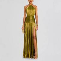 Luxurious Women Corset Party Cocktail Dress Sexy Off Shoulder Halter Folds Slit Guest Celebrity Long Dress Celebrity Prom Gown XS auksas