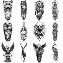 12 vnt. Laikinos tatuiruotės Realistiškos laikinos tatuiruotės Tatuiruotės dizainas su elniu Tatuiruotė su liūtu ir karūna Tatuiruotės dizainas su povas Suaugusiems