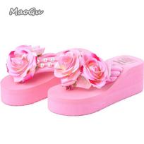 Pink Women's Floral Platform Flip Flops Rose Pearl Embellished Wedge Sandals Thick Sole Summer Slides Beach Fashion Slippers 35 rožinė