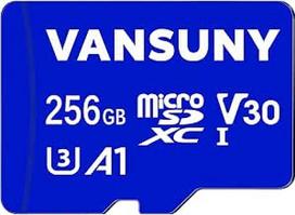 Vansuny Micro SD kortelė 256GB atminties kortelė Micro SD 256GB su SD adapteriu Iki 100MB/s skaitymo greitis (UHS-I, U3, A1, V30, C10, 4K UHD microSDXC)