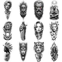 12 vnt. laikinos tatuiruotės Realistiškos laikinos tatuiruotės Fantazijos elementai Religiniai simboliai Kaukolės Vyrams Moterims Šlaunims