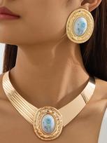 Women's Trendy Irregular Circle Stud Earrings & Choker Jewelry Set