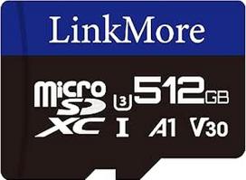 "LinkMore" 512GB "Micro SDXC" kortelė, A1, UHS-I, U3, V30, suderinama su 10 klase, skaitymo greitis iki 95MB/s, įrašymo greitis iki 75MB/s, pridedamas SD adapteris