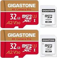 GIGASTONE 32GB "Micro SD" atminties kortelė, 2 pakuotės, suderinama su "GoPro Switch", iki 95MB/s, A2 U3 V30 Micro SDXC kortelė su SD adapteriu