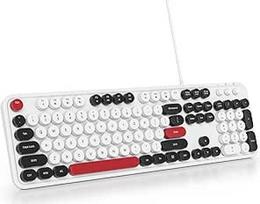 Mieloji viso dydžio klaviatūra su apvaliais klavišais, retro membraninė rašomosios mašinėlės klaviatūra, amerikietiška QWERTY, 104 klavišai, biuro, USB, laidinė, viso dydžio, skirta kompiuteriui, staliniam kompiuteriui, GT108, balta