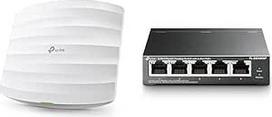 TP-Link EAP245 AC1750 WLAN prieigos taškas ir TP-Link TL-SG1005P 5 prievadų Gigabit PoE komutatorius su 4 PoE+ prievadais