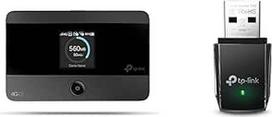 TP-Link M7350 mobilusis WLAN maršrutizatorius juodas ir "Archer T3U AC1300" USB WLAN kištukinis adapteris (867Mbit/s (5 GHz), 400Mbit/s (2,4 GHz) 802.11ac, USB 3.0, MU MIMO, palaiko "Windows 10/8.1/8/7/XP") Juodas