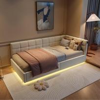 Vaikiška viengulė sofa-lova su USB/C tipo įkrovimo prievadu ir RGB LED šviesos juostele po lova, 90 x 200 cm, aksominė, smėlio spalvos, be čiužinio