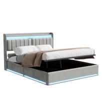 Dvigulė lova 140 x 190 cm, apmušta lova su LED apšvietimu, USB jungtimi, galvūgaliu su daiktadėže paaugliams ir suaugusiems, pilkas aksomas