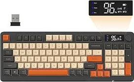FREEWOLF M96 belaidė žaidimų klaviatūra, "Bluetooth"/2.4G belaidė mechaninė klaviatūra, RGB LED apšvietimas, ekranas, PBT klavišų dangtelis, 3000 mAh, QWERTY, skirta Win/Mac - Shimmer