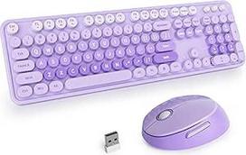 Miela belaidė klaviatūra ir pelė, amerikietiška QWERTY, 104 rašomosios mašinėlės klaviatūra, pilno dydžio, 2,4 GHz spalvinga klaviatūra ir pelės rinkinys su retro apvaliais klavišais, violetinis gradientas