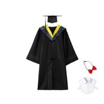 Unisex matinis baigimo kepurės ir chalato komplektas su netikra marškinių apykakle ir kaklaraiščiu. Profesionalūs formalūs drabužiai. Bakalauro uniforma vidurinei mokyklai, kolegijai. S geltona