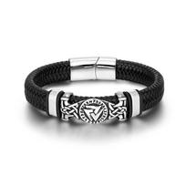 Vikingų odos apyrankė vyrams 16 sruogų pintas Vegvisir amuletis Skandinaviškas Ouroboros papuošalas 19cm juoda