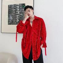 Vyriški blizgūs blizgučių marškiniai, oversized, ilgomis rankovėmis, vakarėlio viršus su šoniniu kaklaraiščio detale S raudona