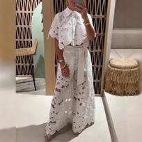 Moteriškas pavasarinis Elegantiškas atvartas Pusiau rankovių Crop Top + plačios kelnės Sexy Hollow 2 dalių rinkinys XXXL balta