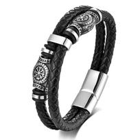 Vyriškas Vikingų kompaso runų amuletų karoliukų nerūdijančio plieno dvigubos grandinėlės odinė apyrankė Homme Pulseras 19cm juoda