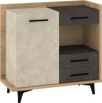 Meblocross BOX-01 1D3S komoda, šviesiai ruda/pilka – modernus laikymo bufetas