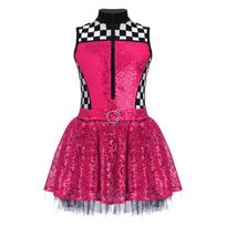 Girls Race Car Driver Costume Shiny Sequins Zipper Front Built In Shorts Checkerboard Sleeveless Dress 3-4 Years raudona