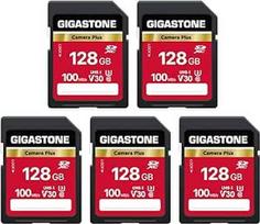 GIGASTONE 128GB SDXC atminties kortelė 5 pakuotėse "Canon" skaitmeniniams fotoaparatams, 4K UHD vaizdo įrašymas UHS-I U3 V30 10 klasės su 5 mini dėklais