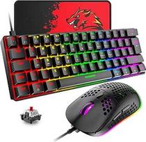 T60 Mini 60% mechaninės klaviatūros pelės rinkinys, kompaktiškas 62 klavišų, C tipo laidinis, 19 ekrano apšvietimo žaidimų klaviatūra + 6400 DPI RGB pelė + pelės kilimėlis, JK išdėstymas, skirtas kompiuteriui, nešiojamajam kompiuteriui - juodas/raudonas j